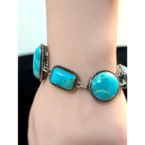 Barse Heavy Chunky 925 Sterling Silver Turquoise Chain Toggle Clasp Bracelet - Picture 1 of 16